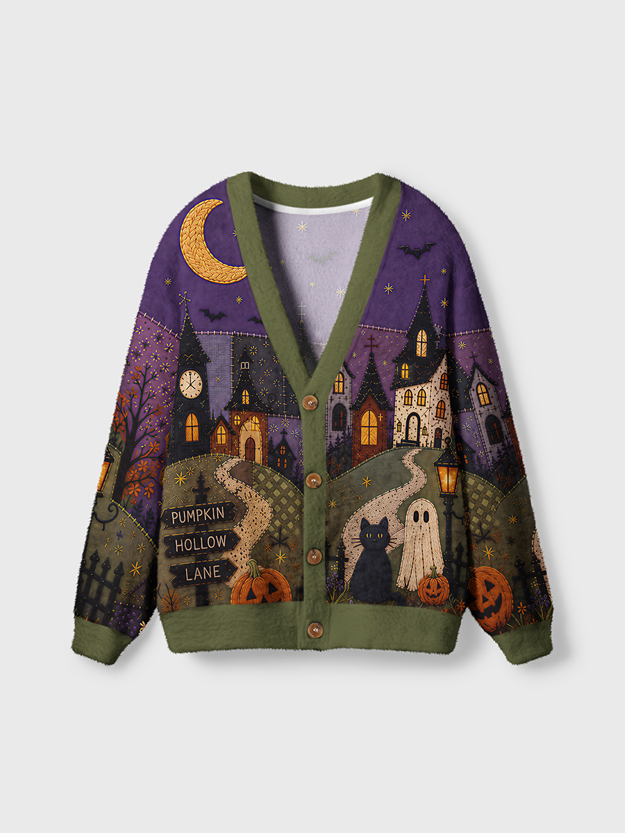 Vintage  Texture Spooky Halloween Town Cardigan Sweaters