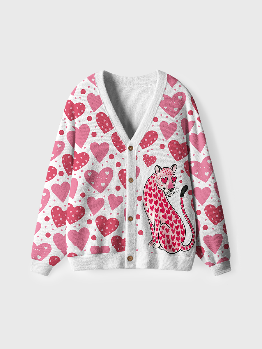 Vintage Heart-patterned Pink Leopard Cardigan Sweaters