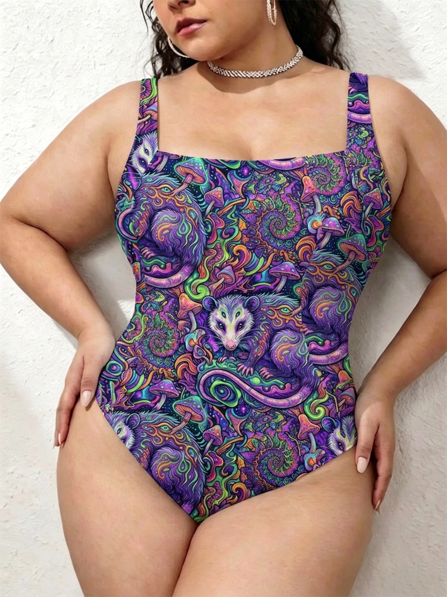 Vintage Trippy Opossum Mushroom Art Gathered Swimsuit