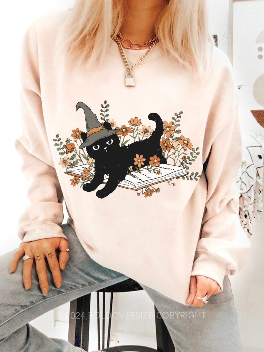 Vintage Floral Black Cat Books Sweatshirt