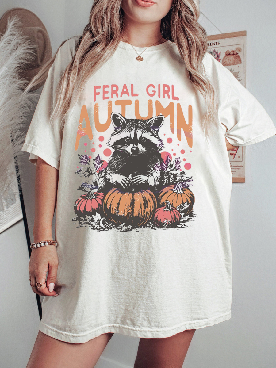 Vintage Feral Girl Autumn Raccoon T-Shirt