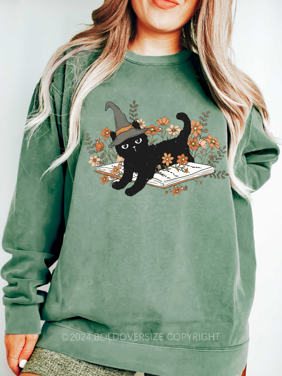 Vintage Floral Black Cat Books Sweatshirt