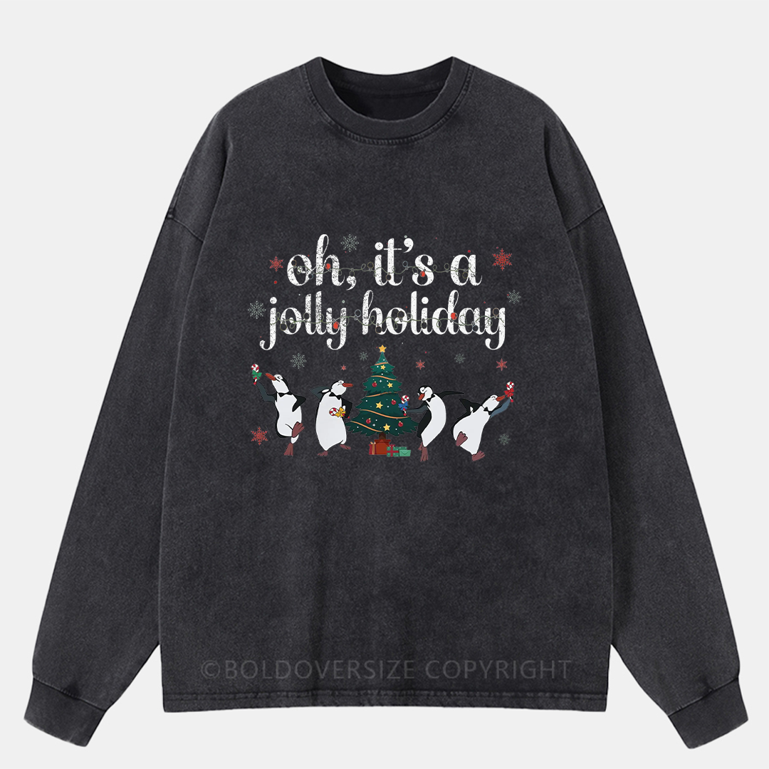 Oh It'S A Jolly Holiday Santa Penguins Christmas Light Washed Long Sleeve Shirt