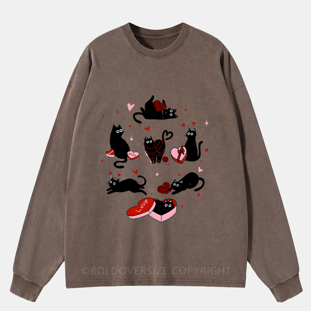 Black Cat Valentine’S Day Washed Long Sleeve Shirt