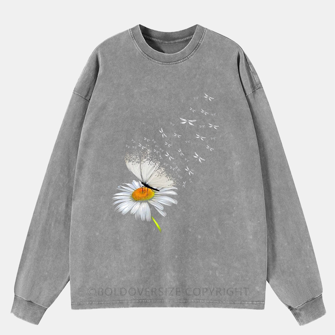Daisy Butterfly And Dragonfly Washed Long Sleeve Shirt