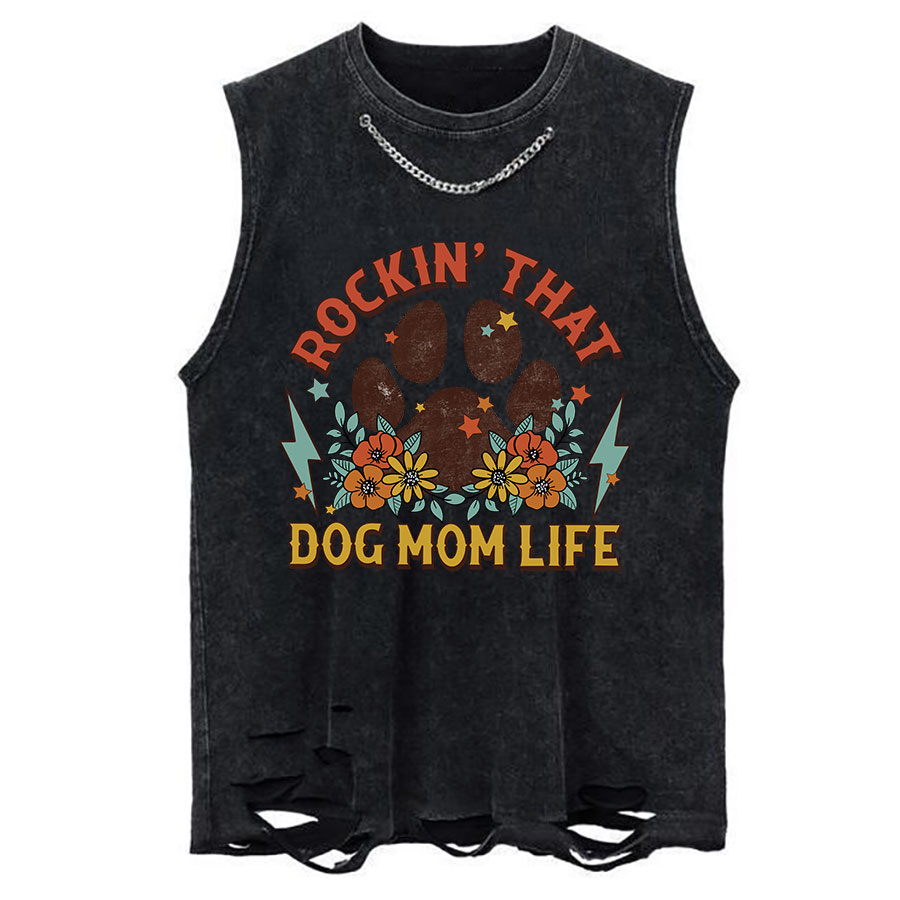 Dog Mom Chain Ripped Washed Tank