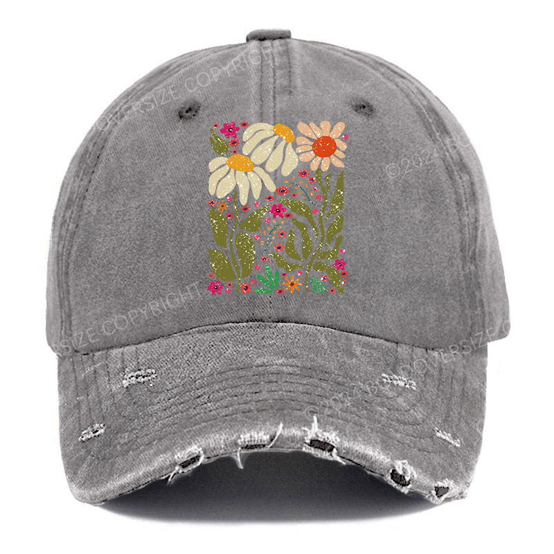 Vintage Hippie Flower Ripped Washed Cap