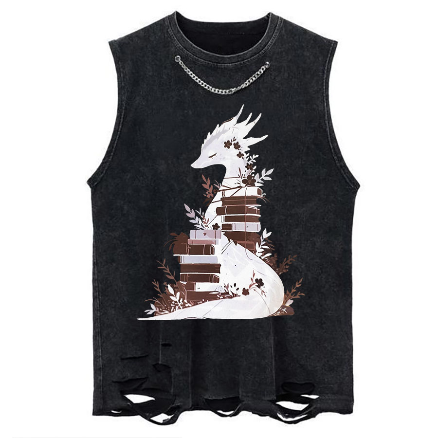 Vintage Book Dragon Fantasy Reader Chain Ripped Washed Tank