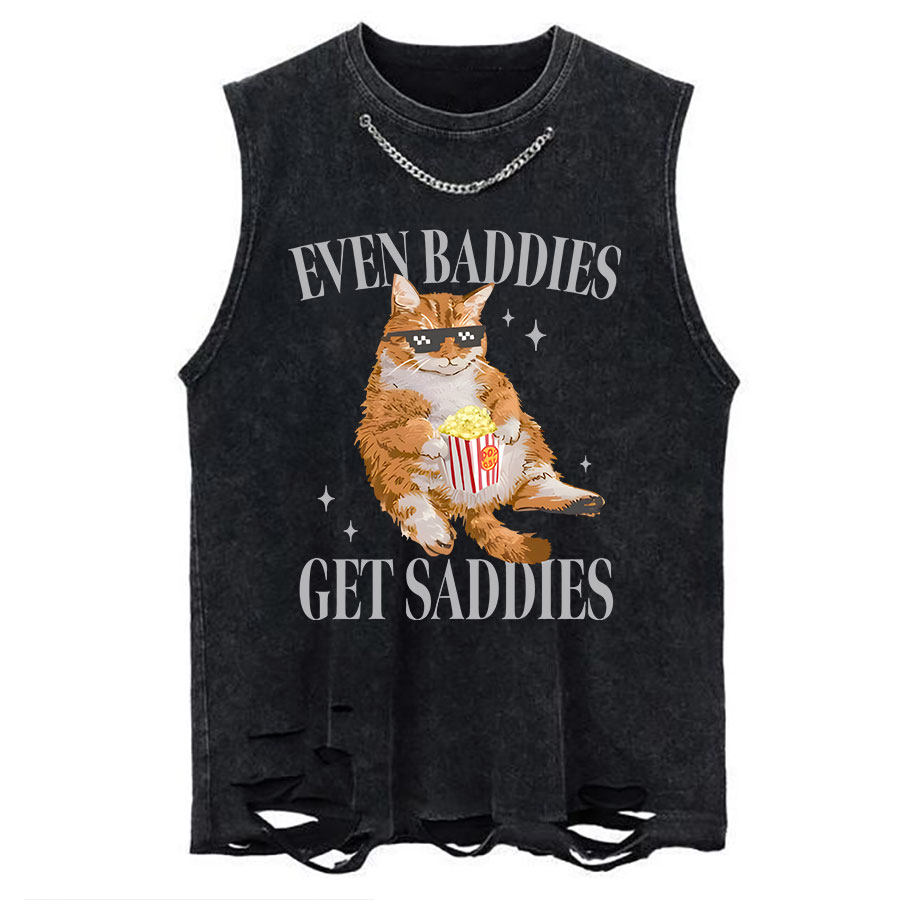 Vintage Cat Even Baddies Get Saddies Chain Ripped Washed Tank
