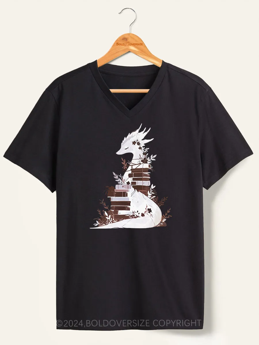 Vintage Book Dragon Fantasy Reader V-Neck Tee