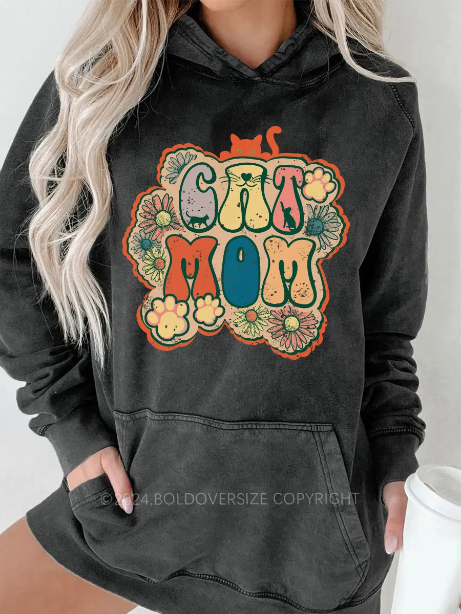 Vintage Cat Mom Washed Hoodie