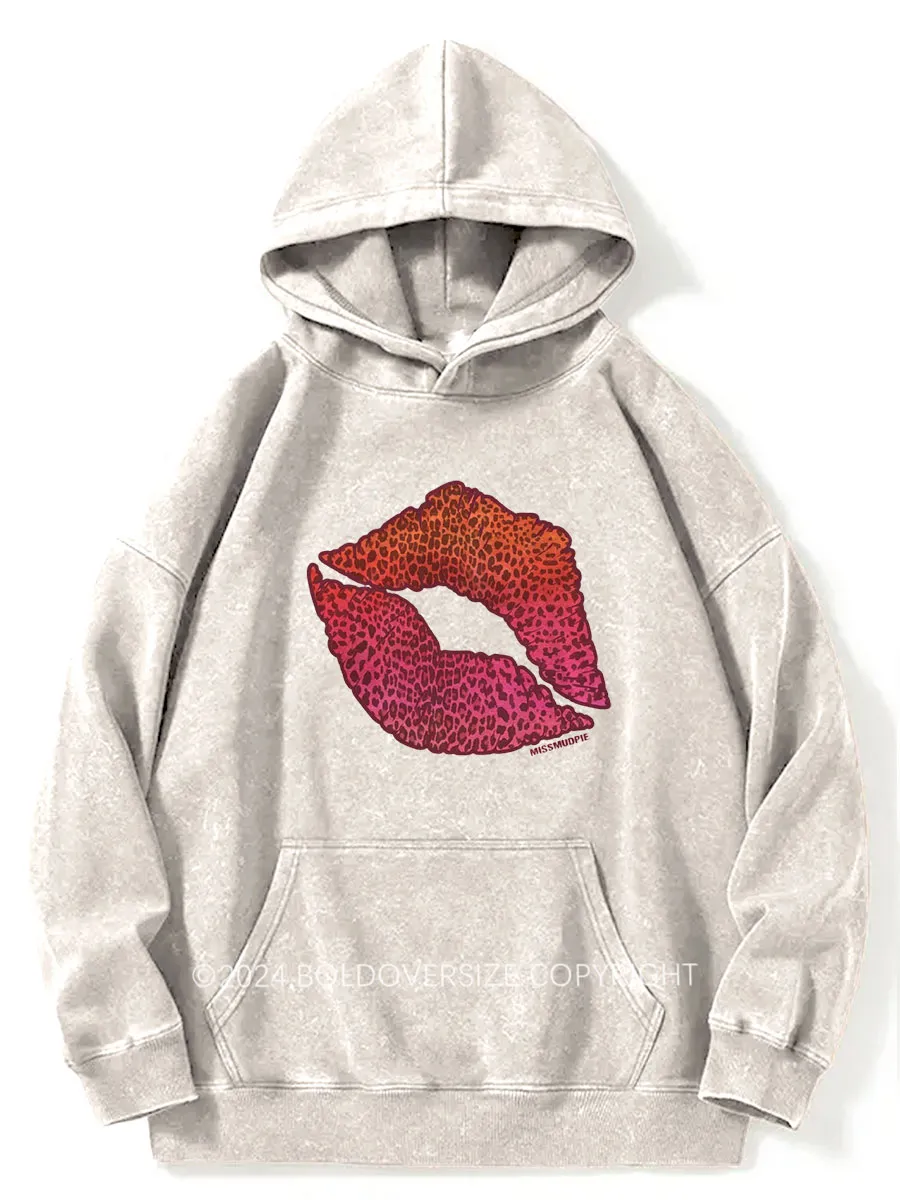 Vintage Leopard Sunset Kiss Lips Washed Hoodie