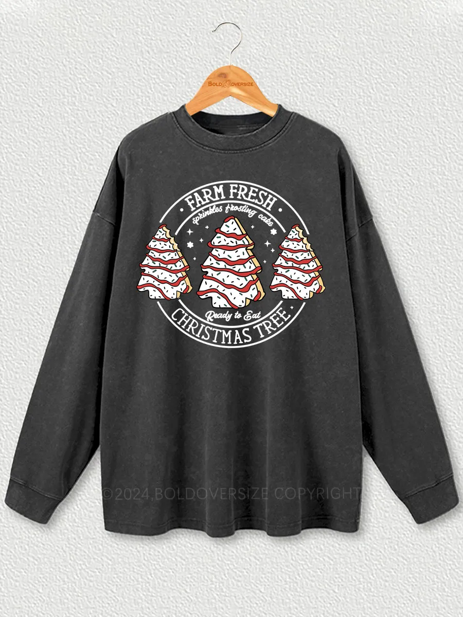 Vintage Farm Fresh Christmas Tree Cakes Washed Long Sleeve Shirt