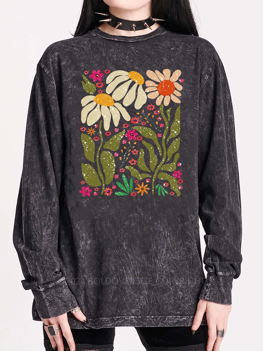 Vintage Hippie Flower Washed Long Sleeve Shirt