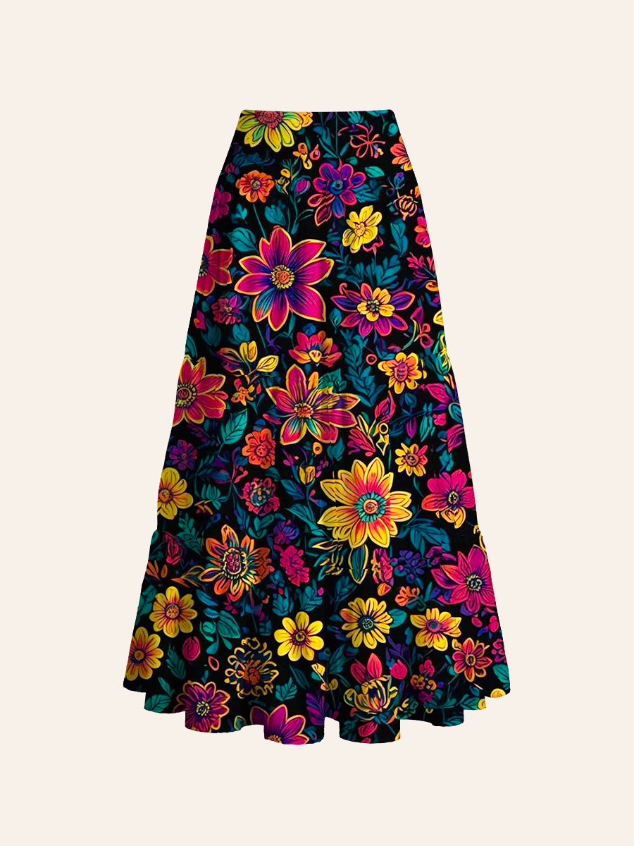 Psychedelic Neon Floral Print Convertible Maxi Skirts