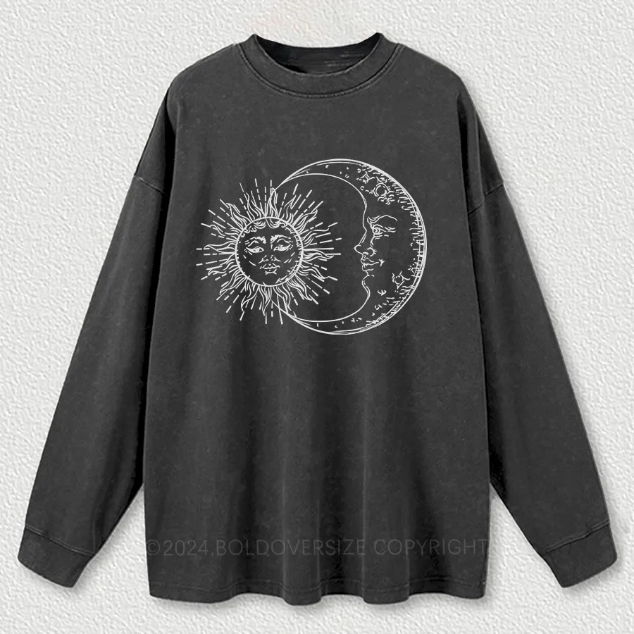 Vintage Sun And Moon Graphic Street Washed Long Sleeve Shirt
