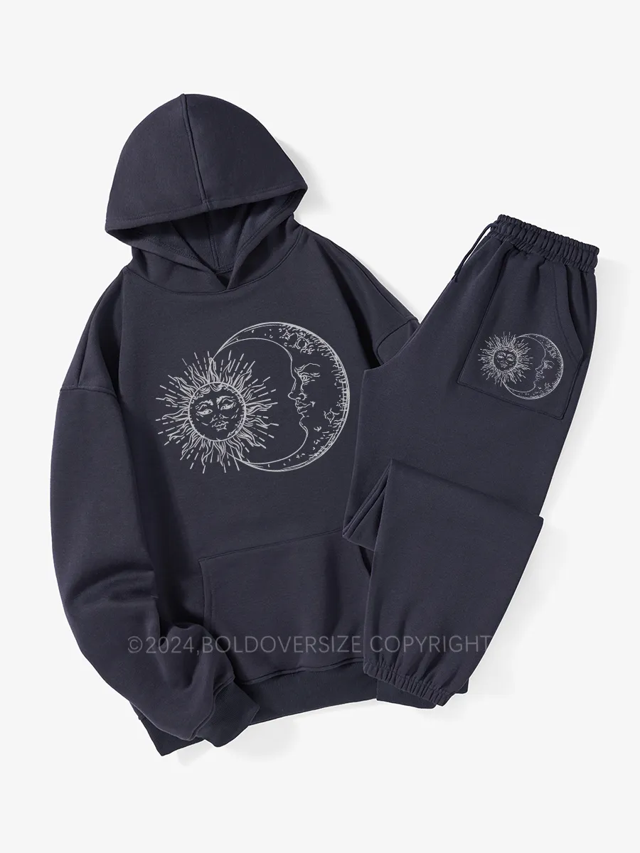 Vintage Sun And Moon Graphic Street Fleece Hoodie Suit
