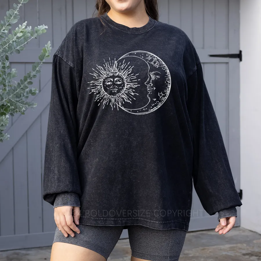 Vintage Sun And Moon Graphic Street Washed Long Sleeve Shirt