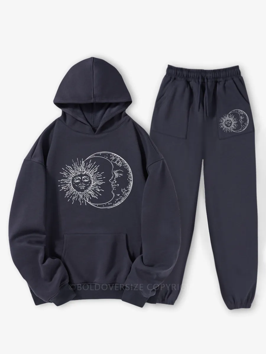 Vintage Sun And Moon Graphic Street Fleece Hoodie Suit