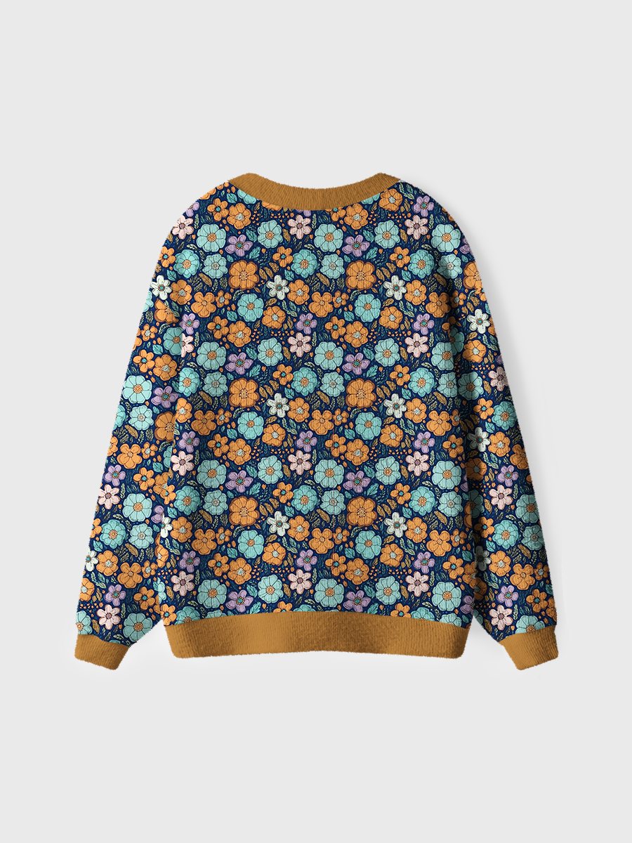 Vintage Bright Orange and Blue Blooms Sweaters