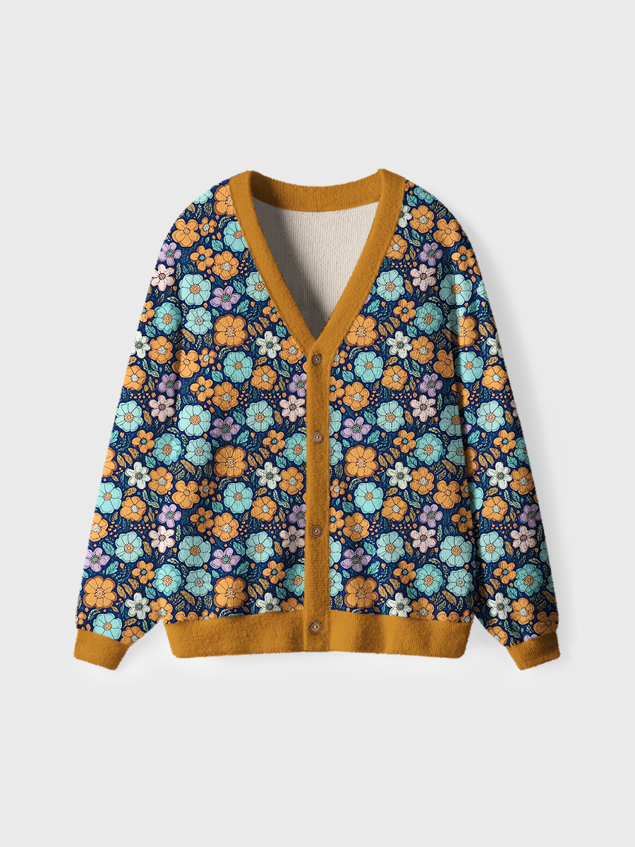 Vintage Bright Orange and Blue Blooms Sweaters