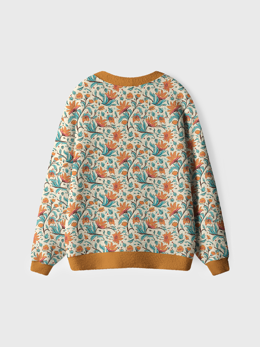 Vintage Teal Orange Floral Print Sweaters