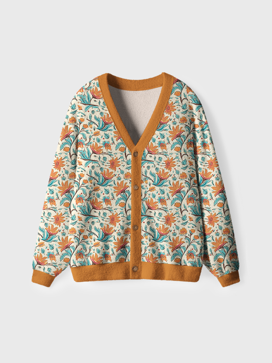 Vintage Teal Orange Floral Print Sweaters