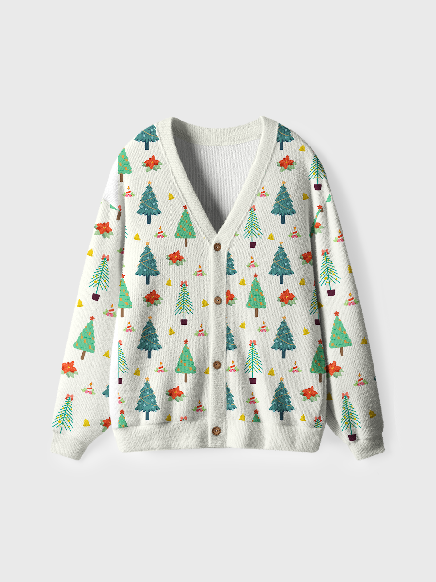 Vintage Cream Christmas Tree Bell Candle Ugly Cardigan Sweaters