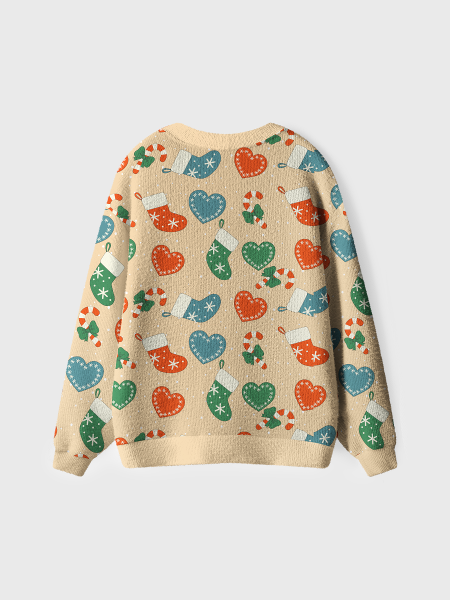 Vintage Beige Socks Hearts Candy Christmas Ugly Cardigan Sweaters