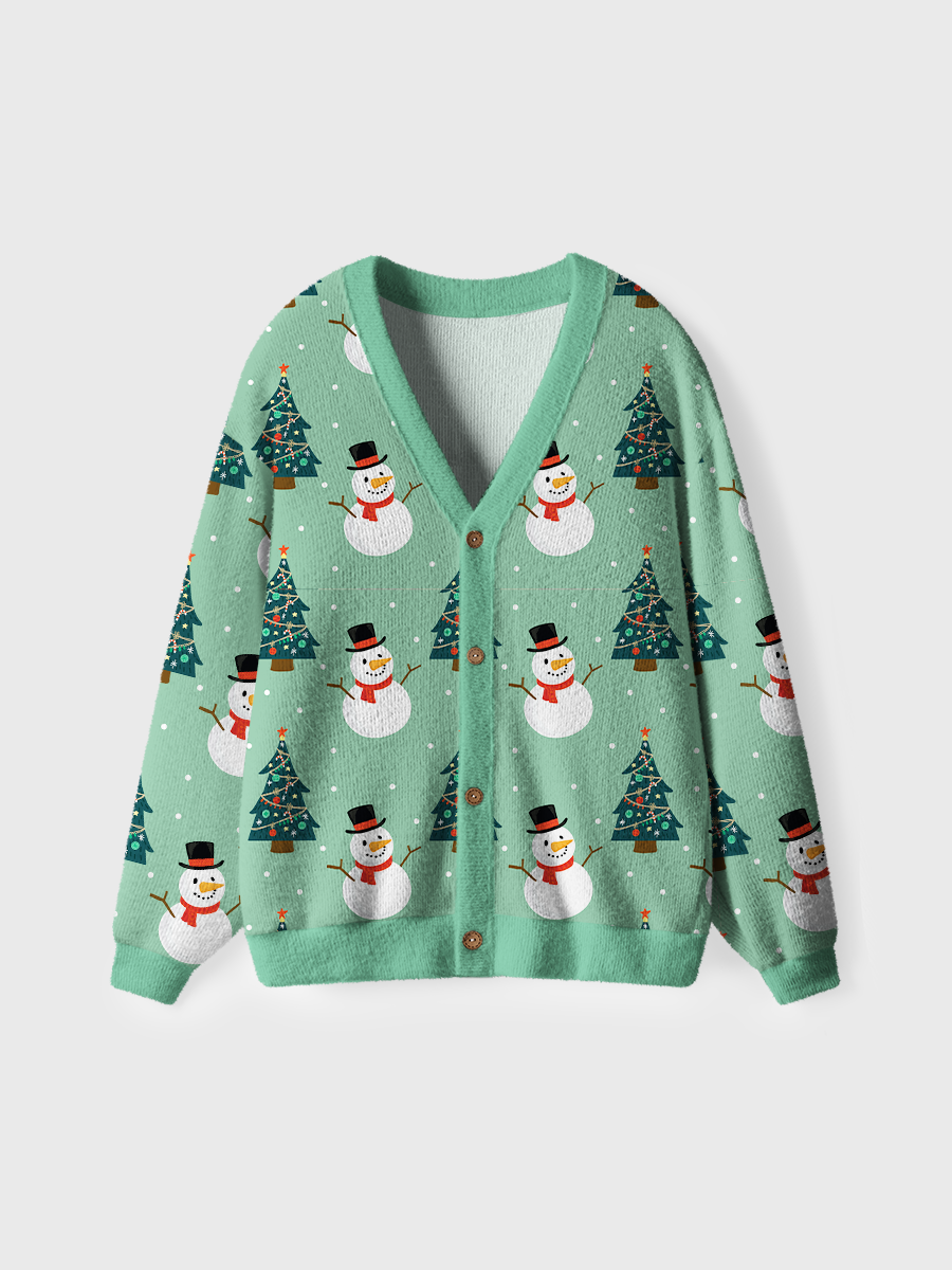 Vintage Green Snowman Tree Christmas Ugly Cardigan Sweaters