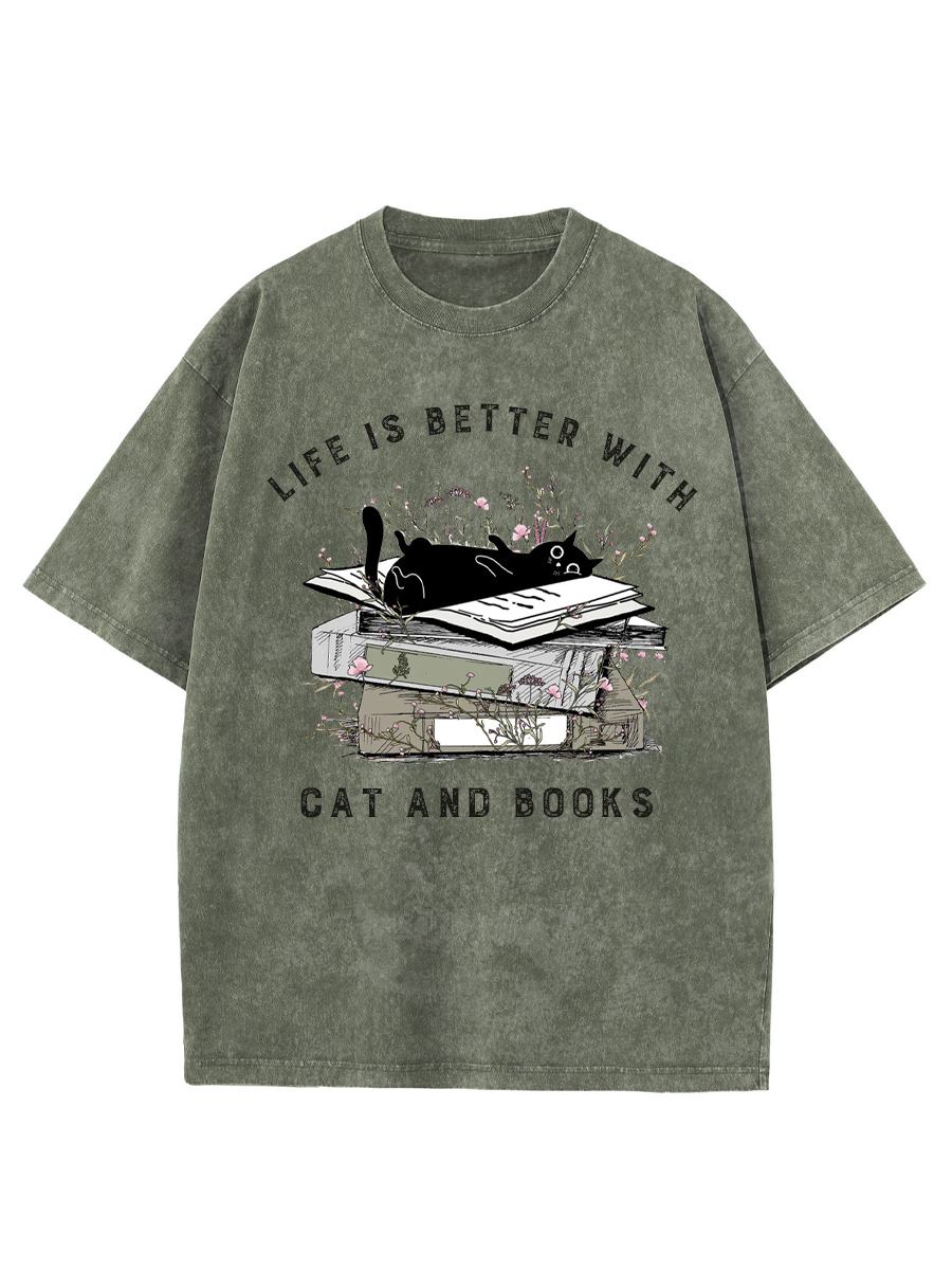 Vintage Floral Cat Books Washed T-Shirt