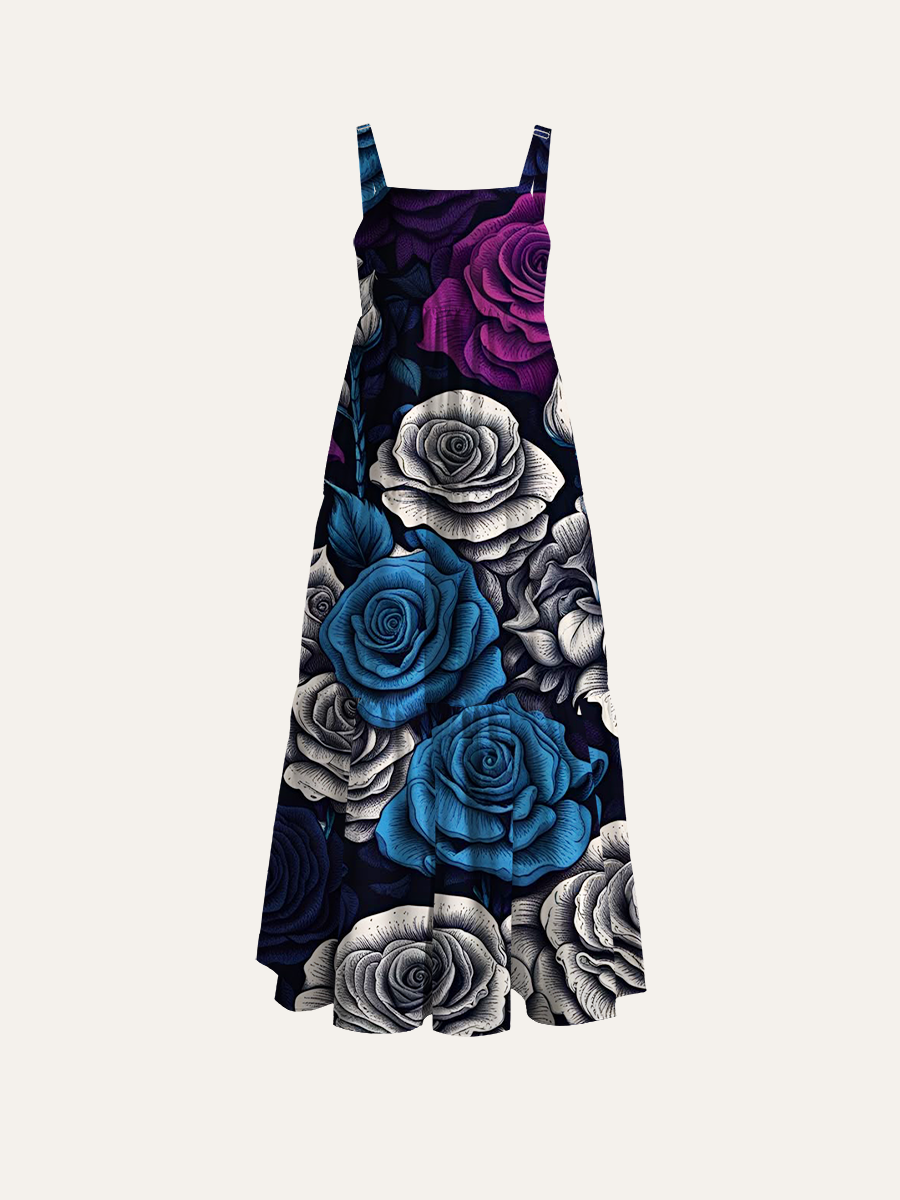 Academia Botanical Pattern Adjustable Wide Straps Maxi Dress