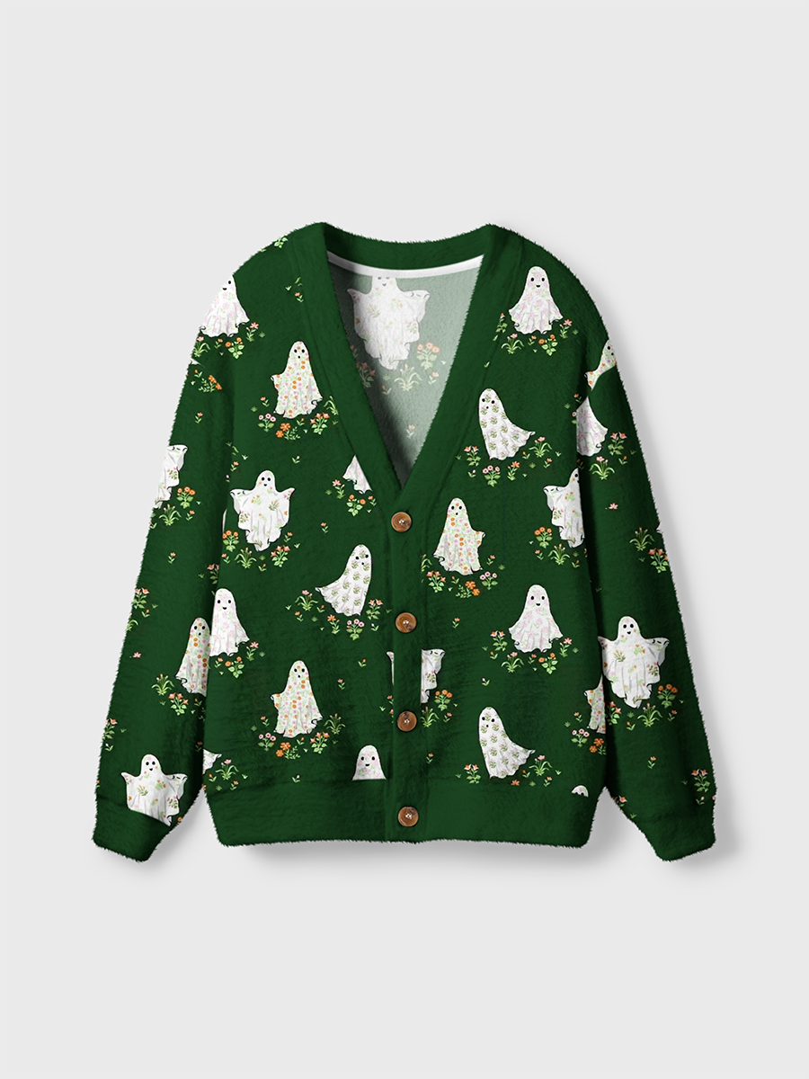 Vintage Cottagecore Floral Ghost Dark Green Halloween Cardigan Sweaters