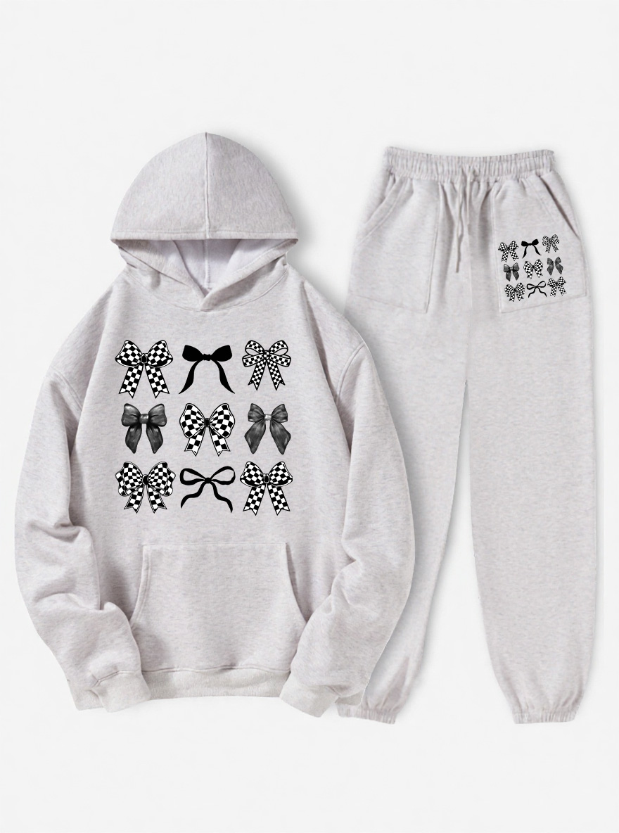 Vintage Checkered Bow Fleece Hoodie Suit