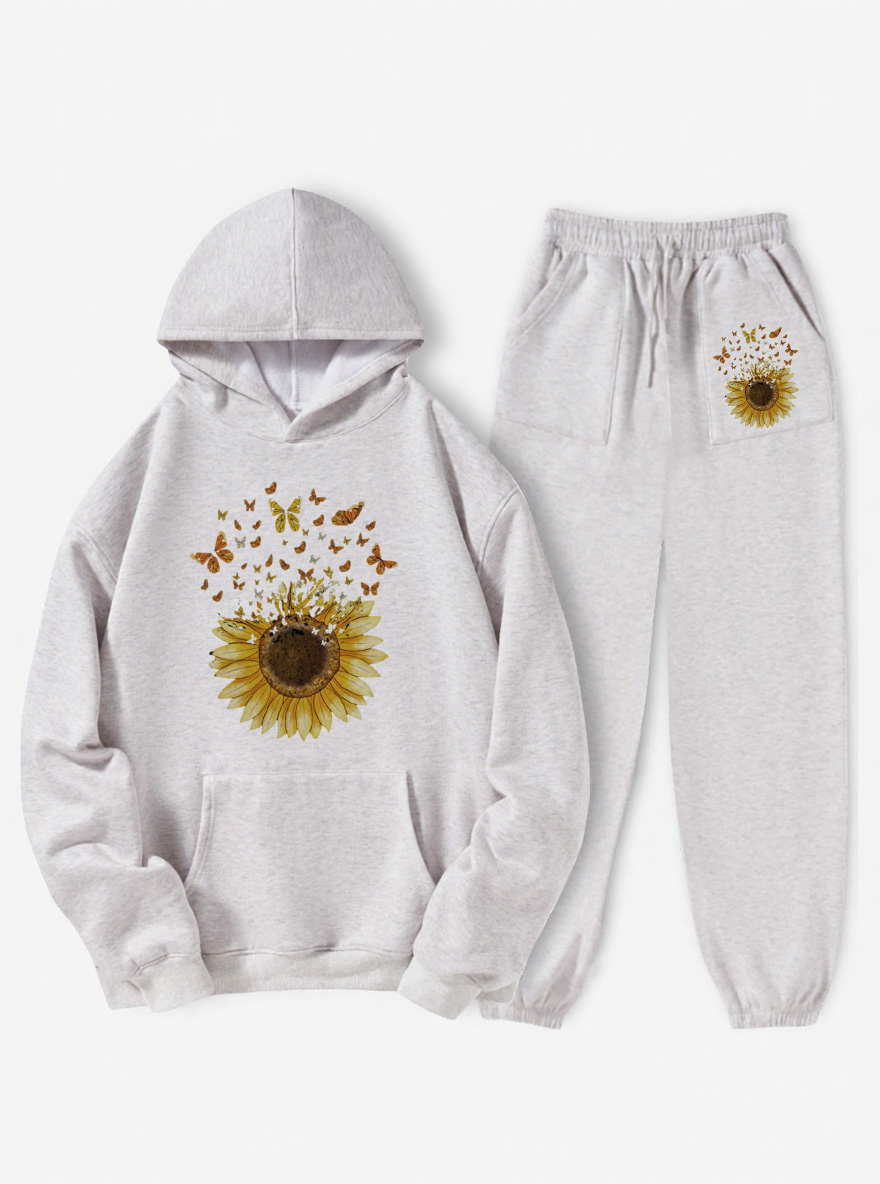 Vintage Sunflower Butterfly Fleece Hoodie Suit