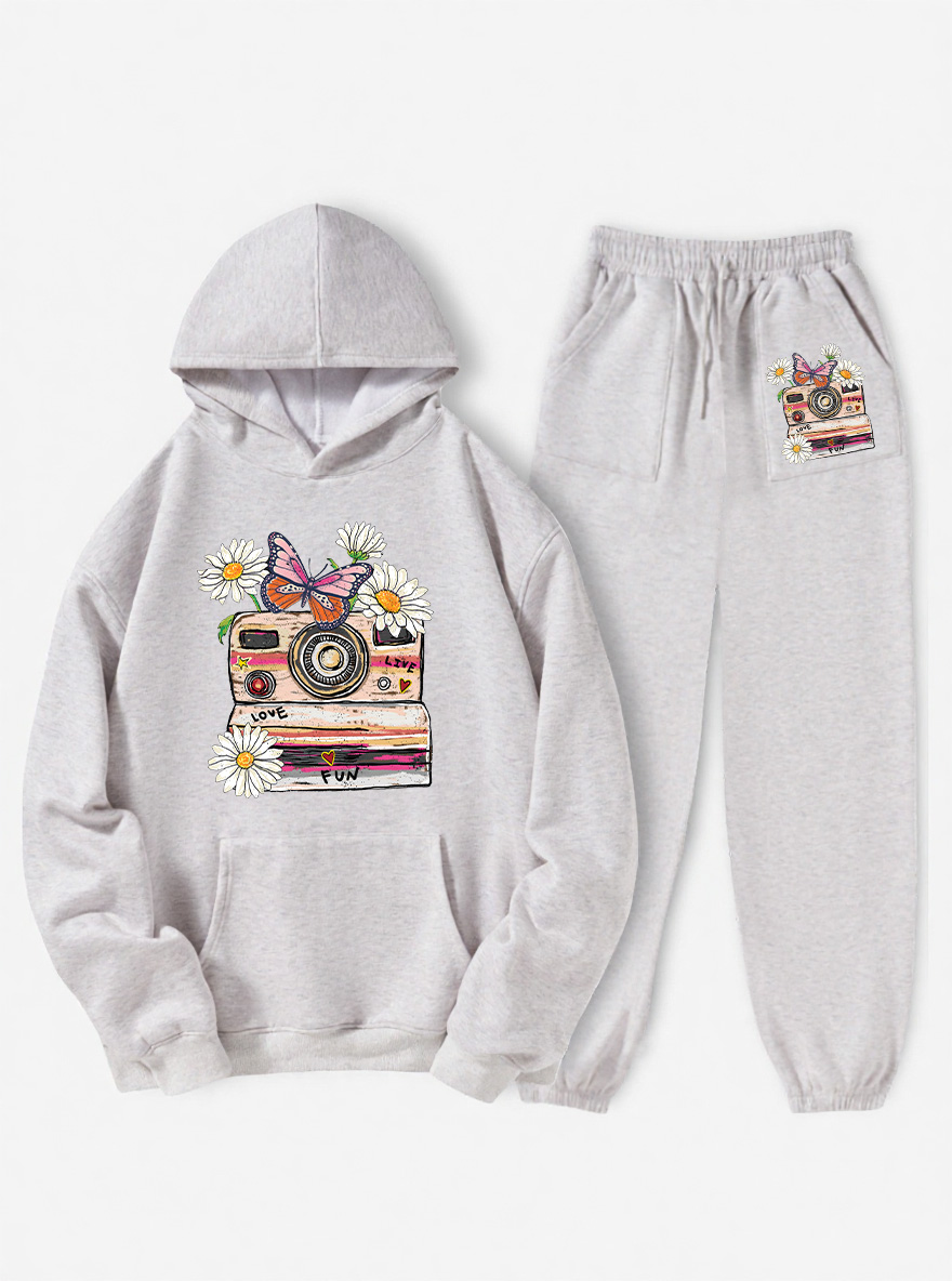 Vintage Flower Camera Fleece Hoodie Suit