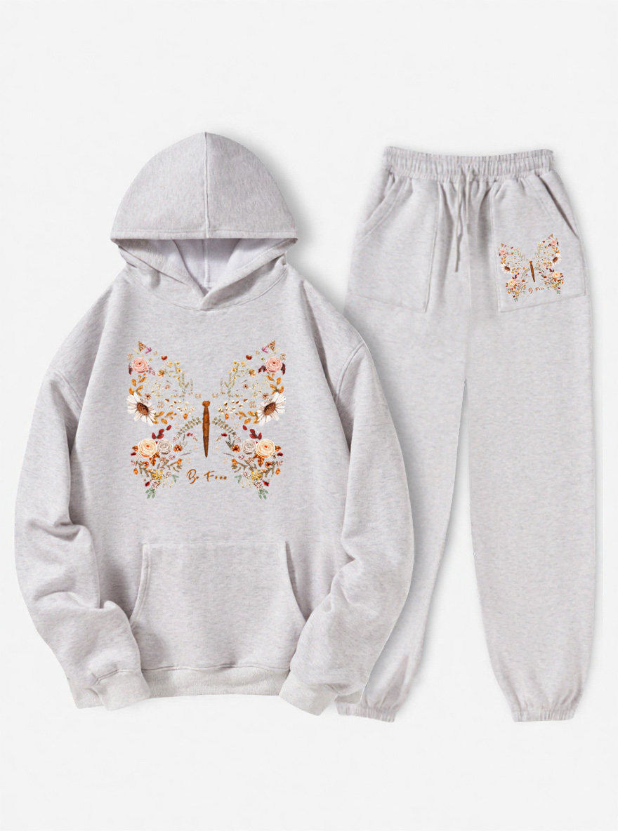 Vintage Butterfly Wildflower Fleece Hoodie Suit