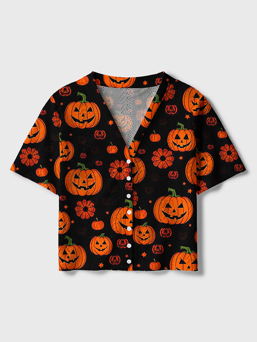 Classic Halloween Pumpkin Crochet Button Down Cardigan
