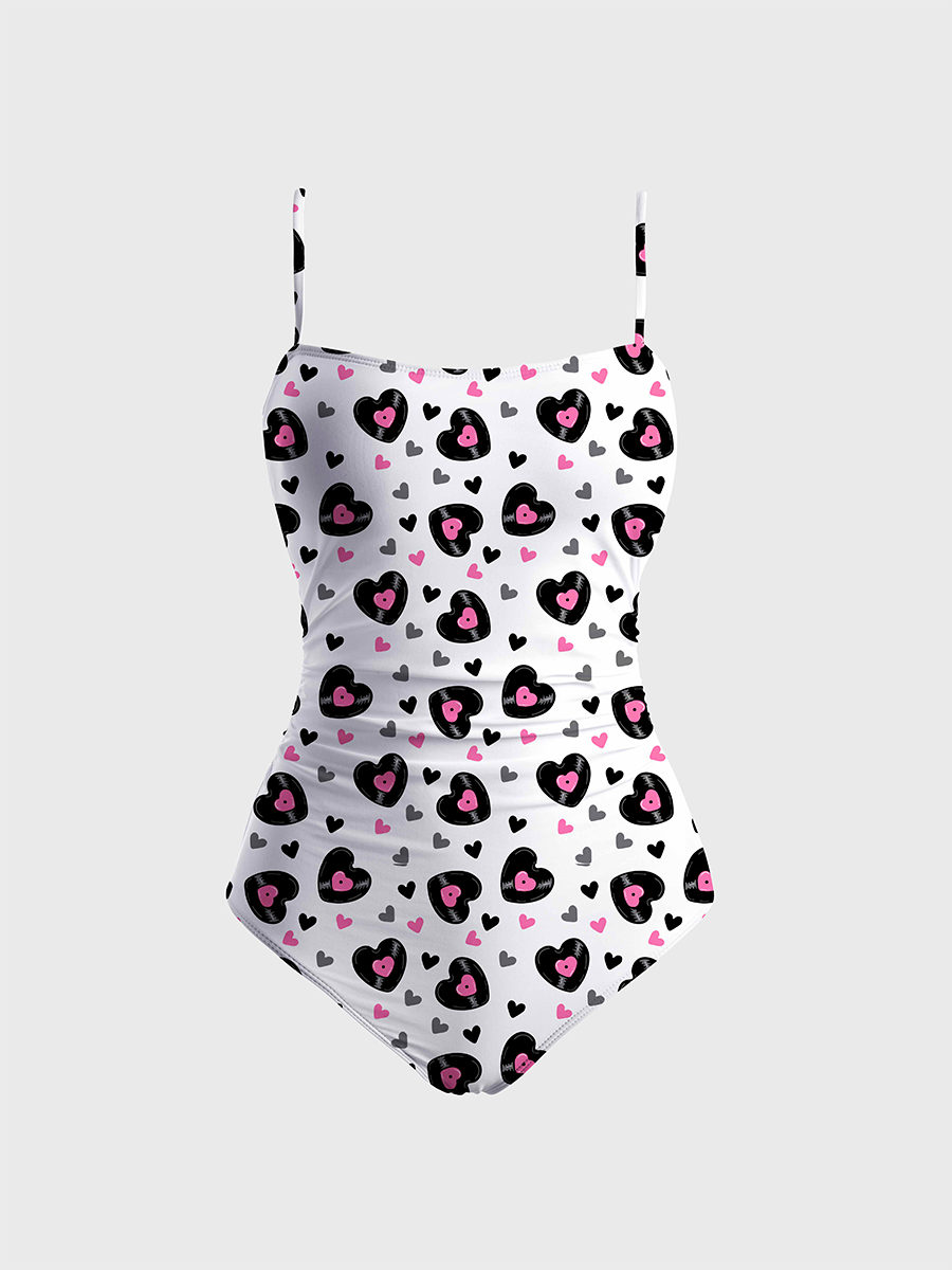 Vintage Love Hearts One Piece Slim-Strap Swimsuit
