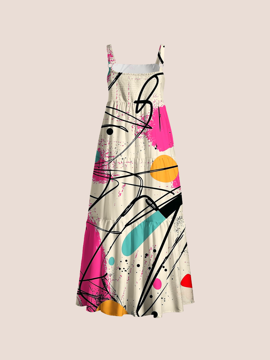 Colorful abstract doodle Adjustable Wide Straps Maxi Dress