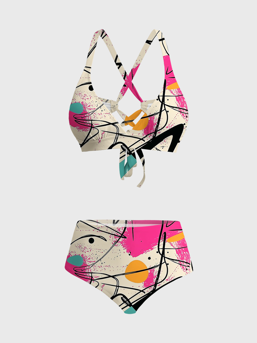 Vintage Colorful Abstract Doodle Two Piece Ruffled Tankini Swimsuit