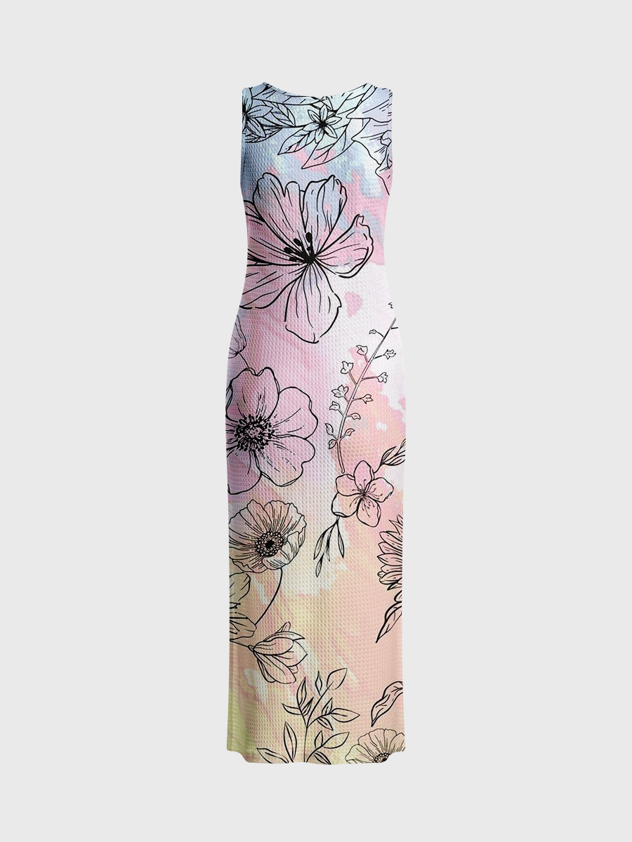 Watercolor Botanical Linework Pattern Open Stitch Midi Dress