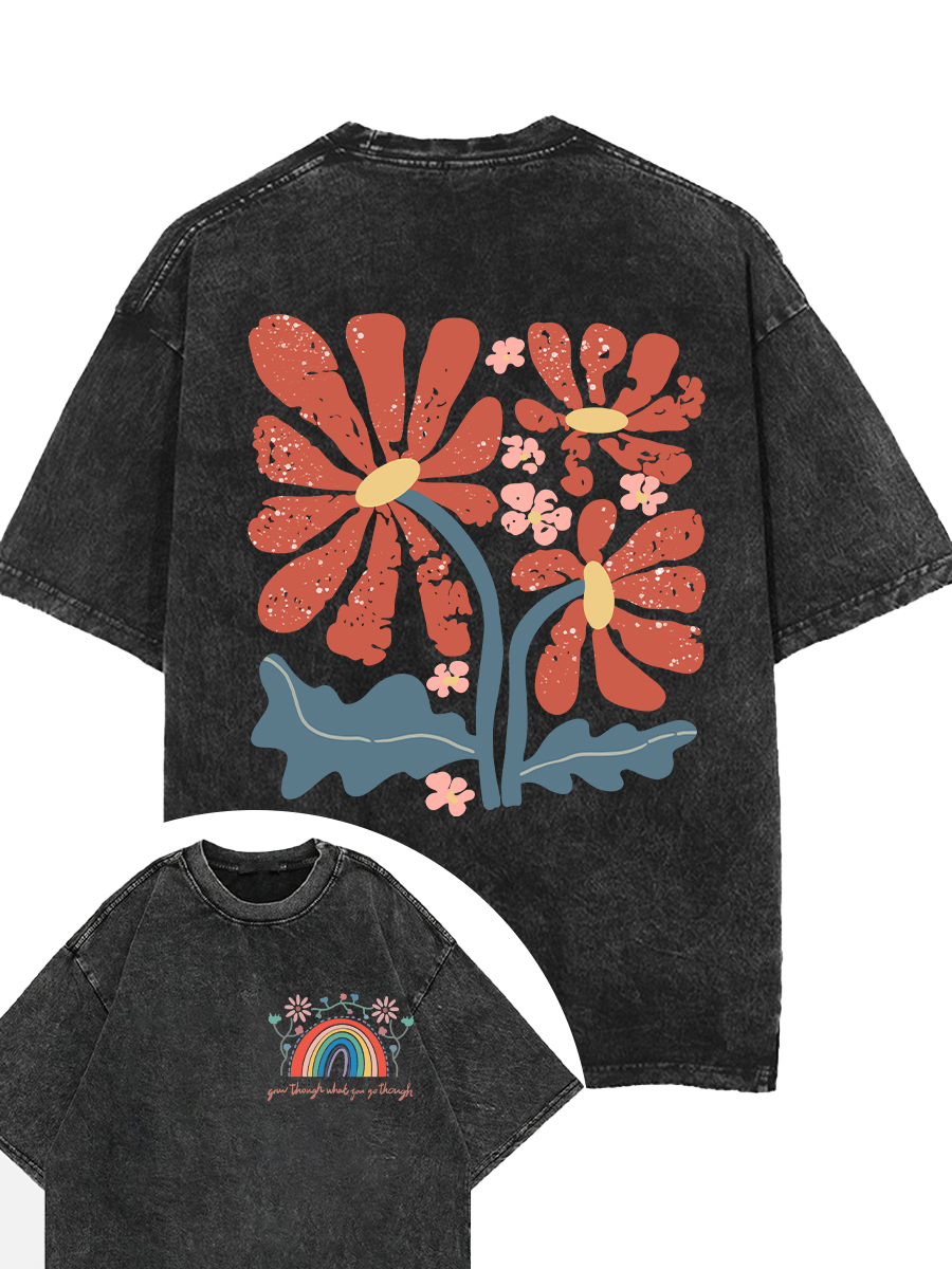 Vintage Grow Through What You Go Through Boho Flowers Washed T-Shirt