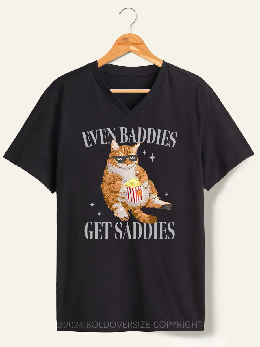 Vintage Cat Even Baddies Get Saddies V-Neck Tee