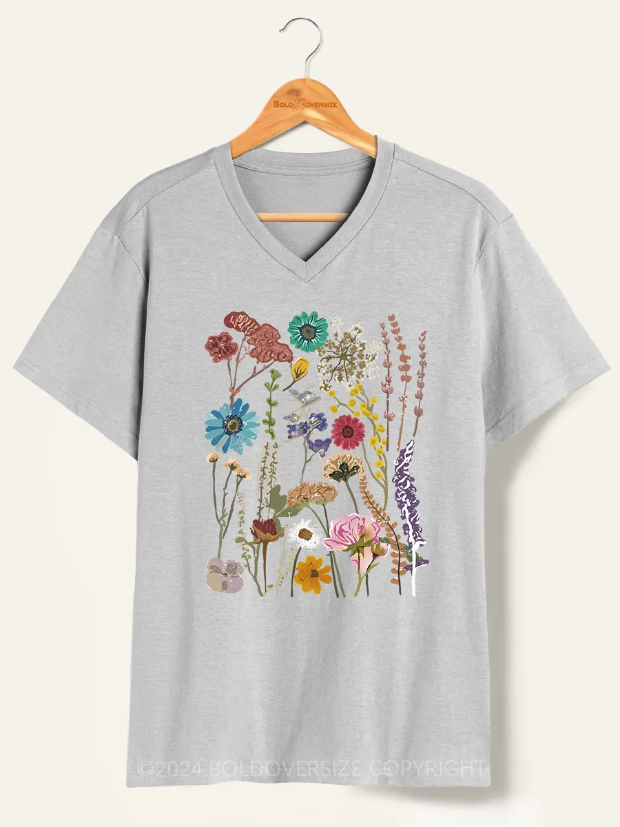 Vintage Pressed Flowers V-Neck Tee
