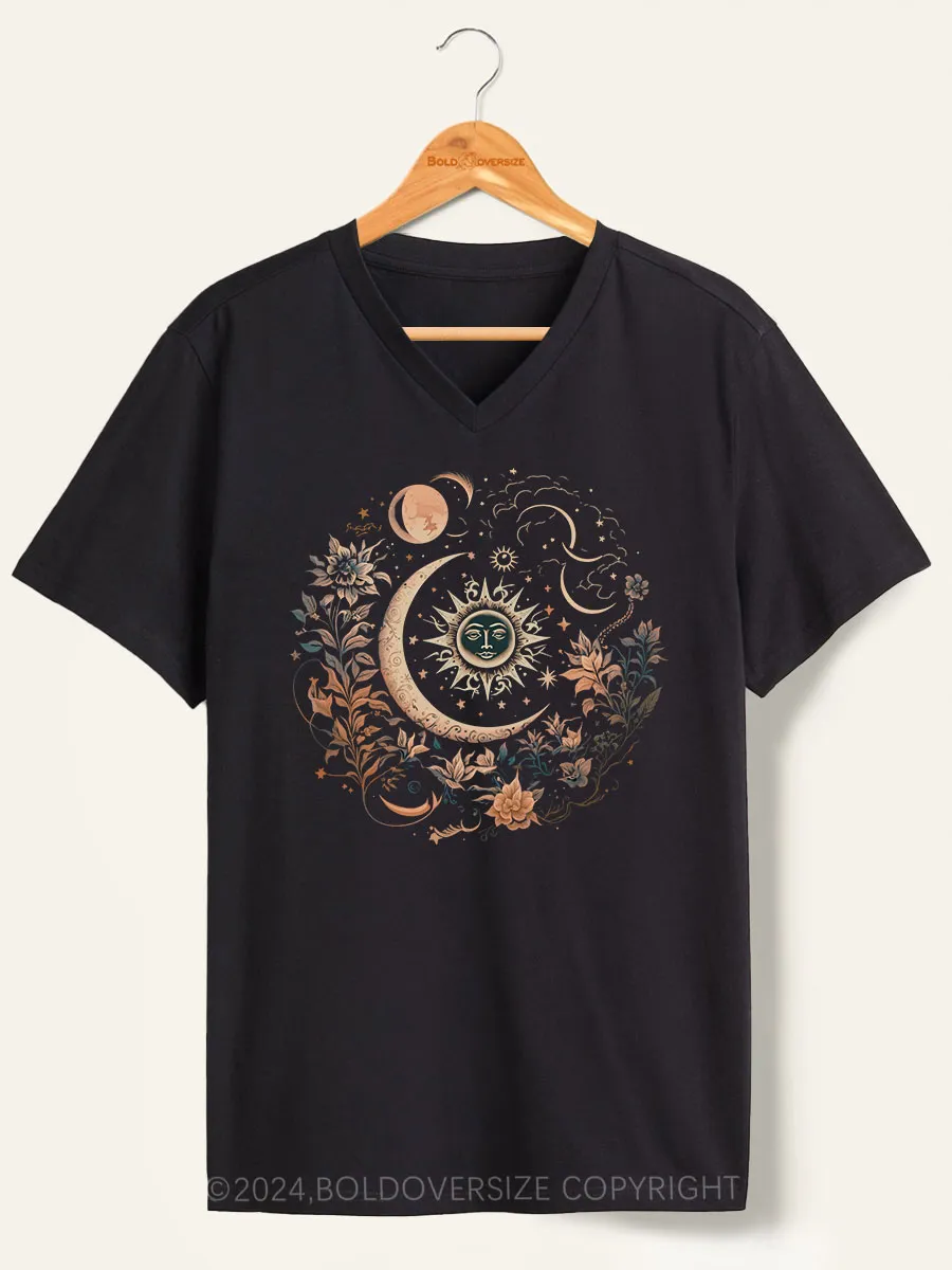 Vintage Mystic Moon And Sun Floral V-Neck Tee