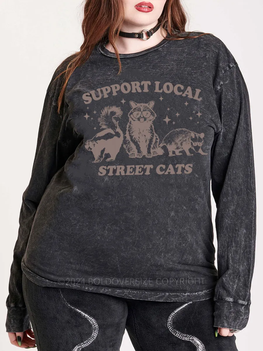 Vintage Support Local Street Cats Raccoon Washed Long Sleeve Shirt