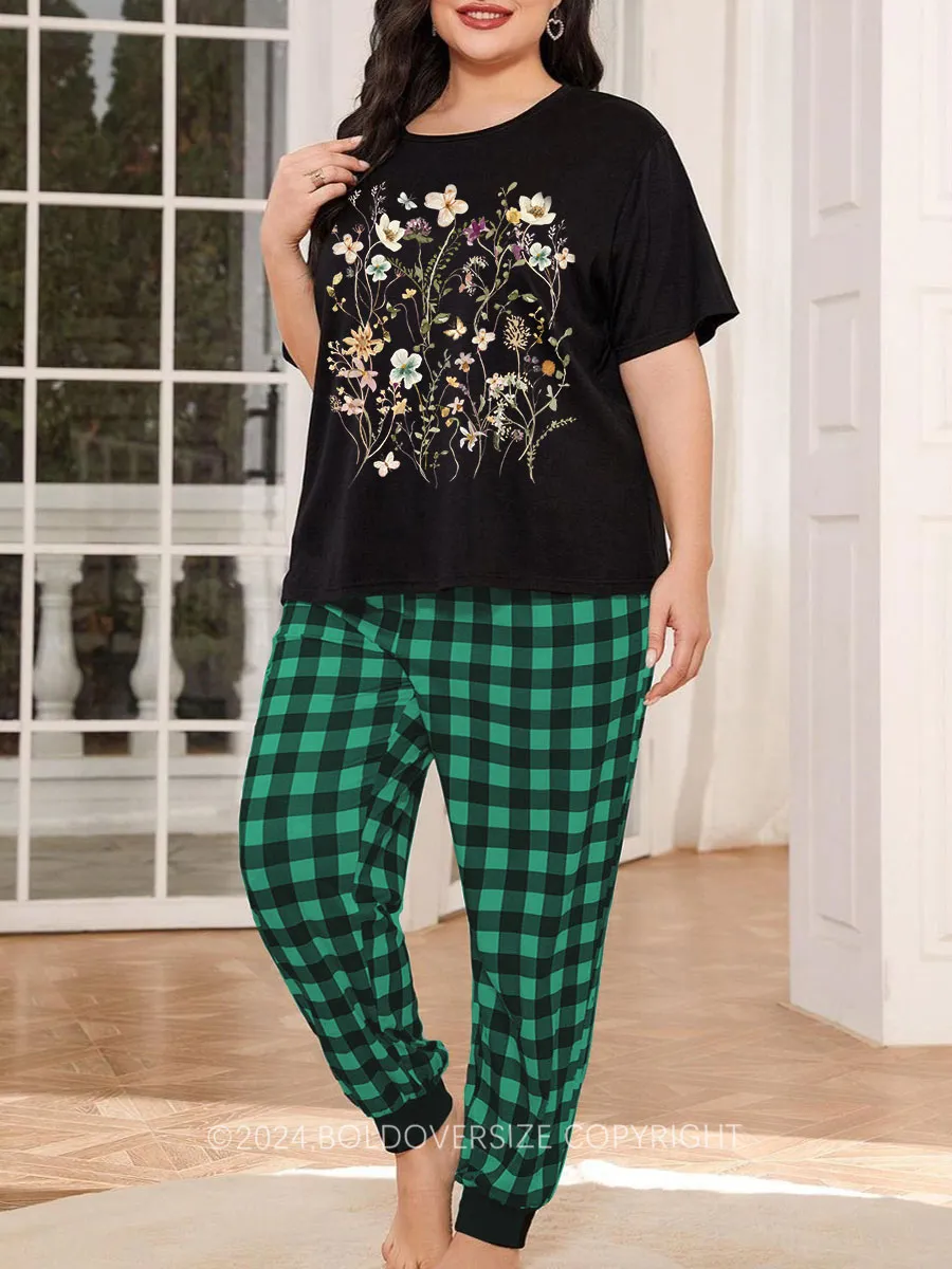Vintage Boho Wildflowers Cottagecore Plaid Christmas Pajama Set