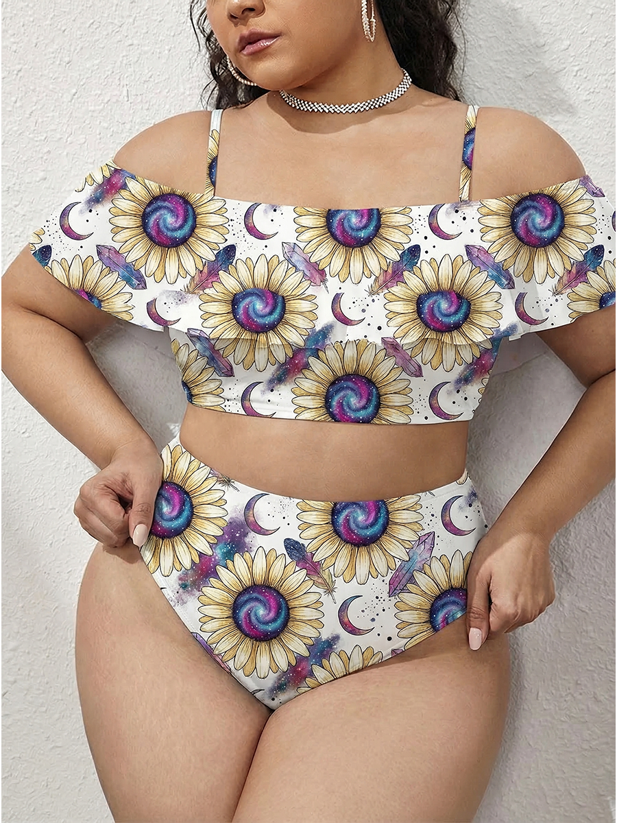 Vintage Melting Daisies With Galaxy Centers Two Piece Ruffled Tankini Swimsuit