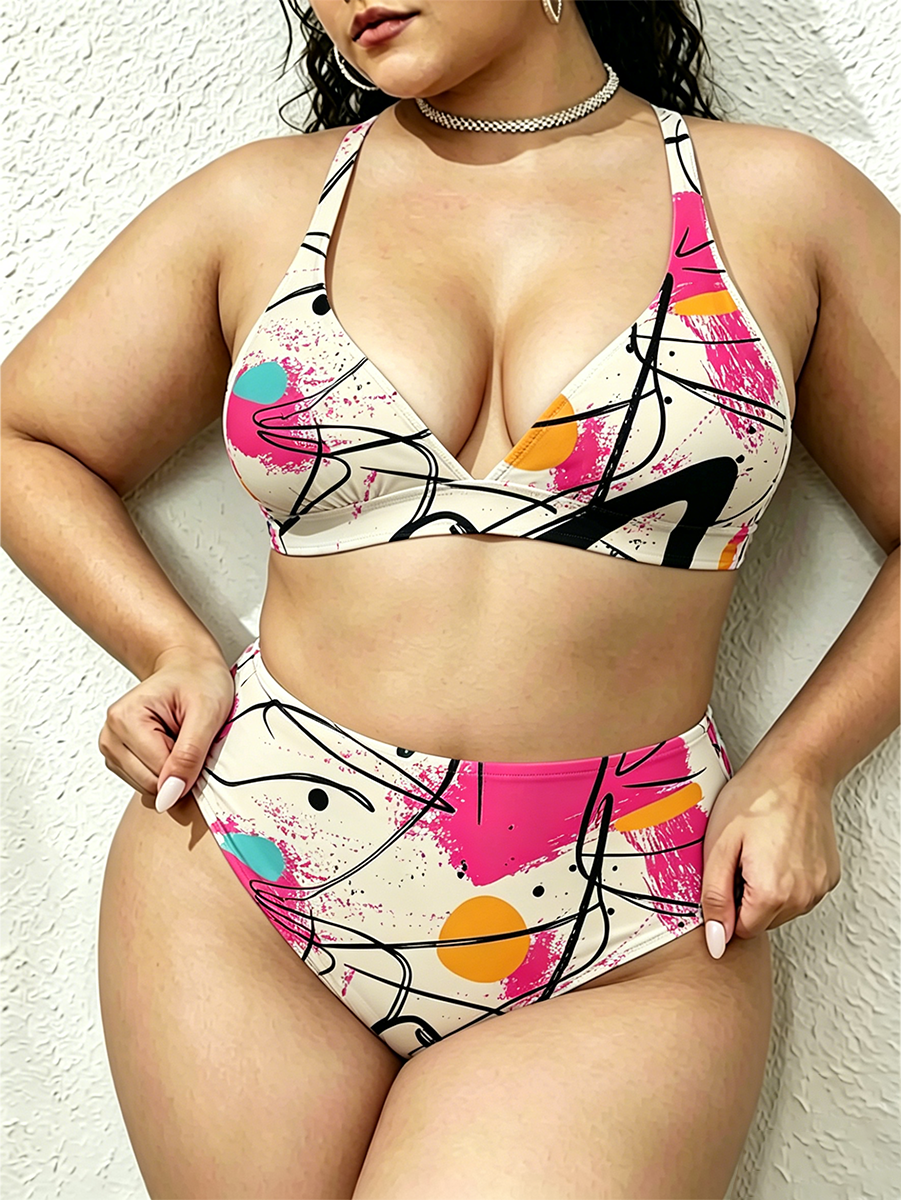 Vintage Colorful Abstract Doodle Two Piece Ruffled Tankini Swimsuit